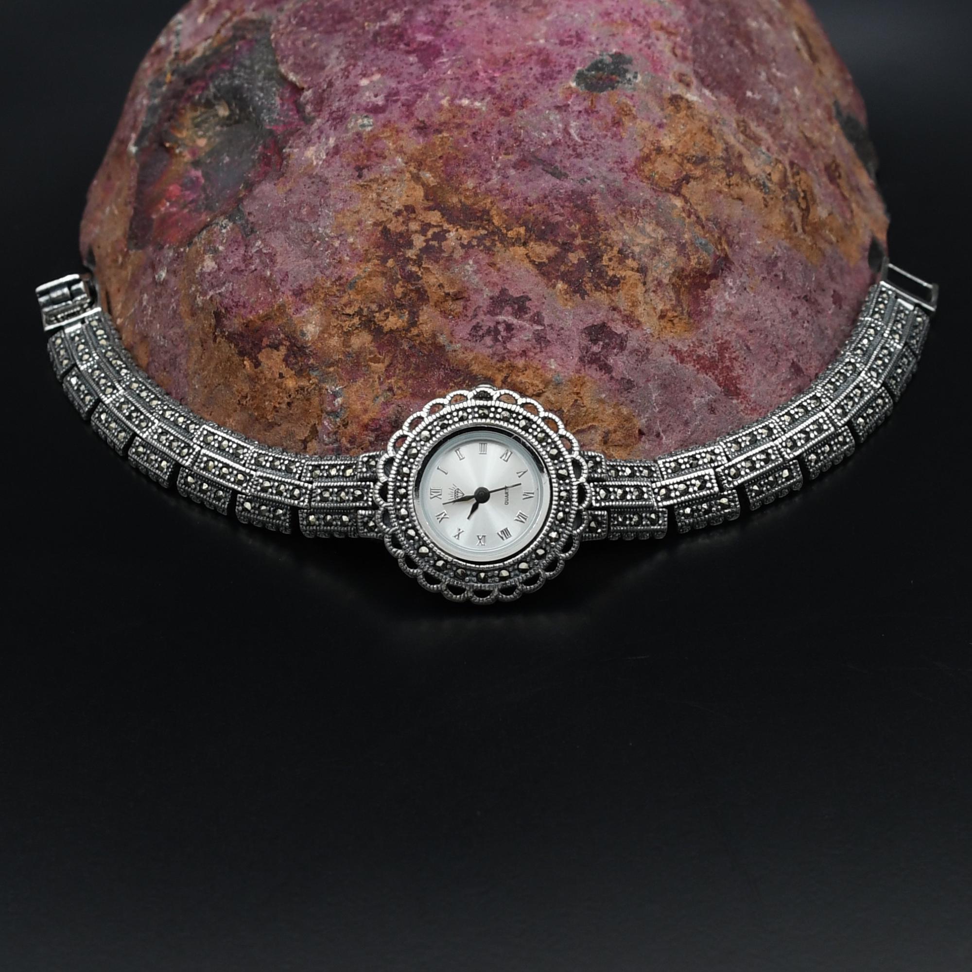 Quartz Marcasite Gemstones Wrist Watch, Vintage Style 925 