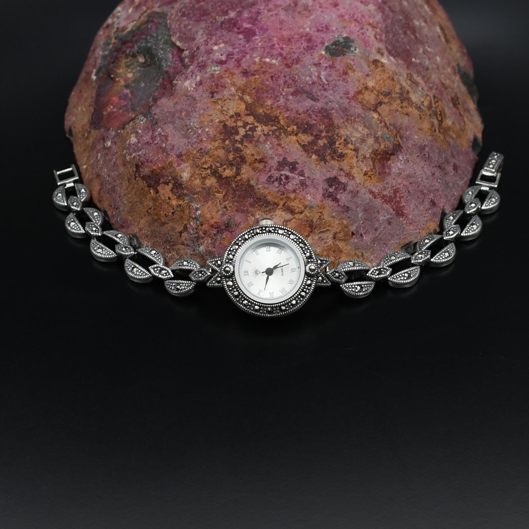 Handmade 925 Sterling Silver Women Wrist Watch. Quartz Marcasite Gemstones Wrist Watch, Vintage Style Women Silver Wrist Watch, Gift for her