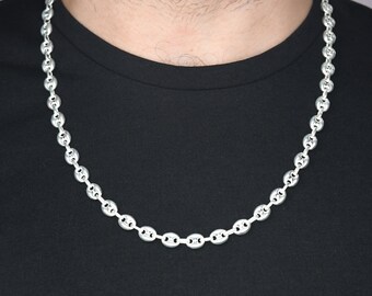 8 MM Coffee Bean Chain Silver Necklace, 925 Sterling Silver
