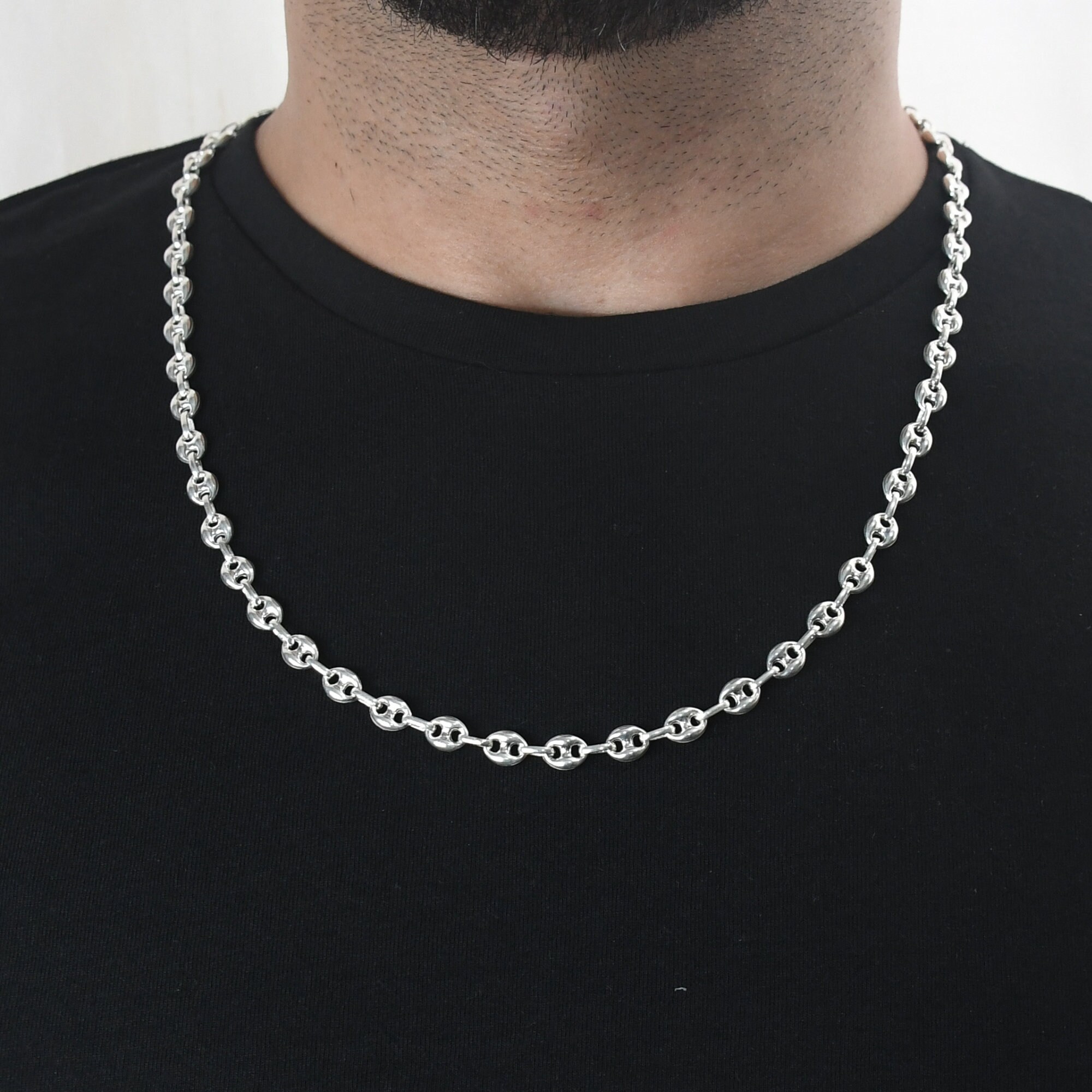 7 MM Coffee Bean Chain Silver Necklace, 925 Sterling Silver