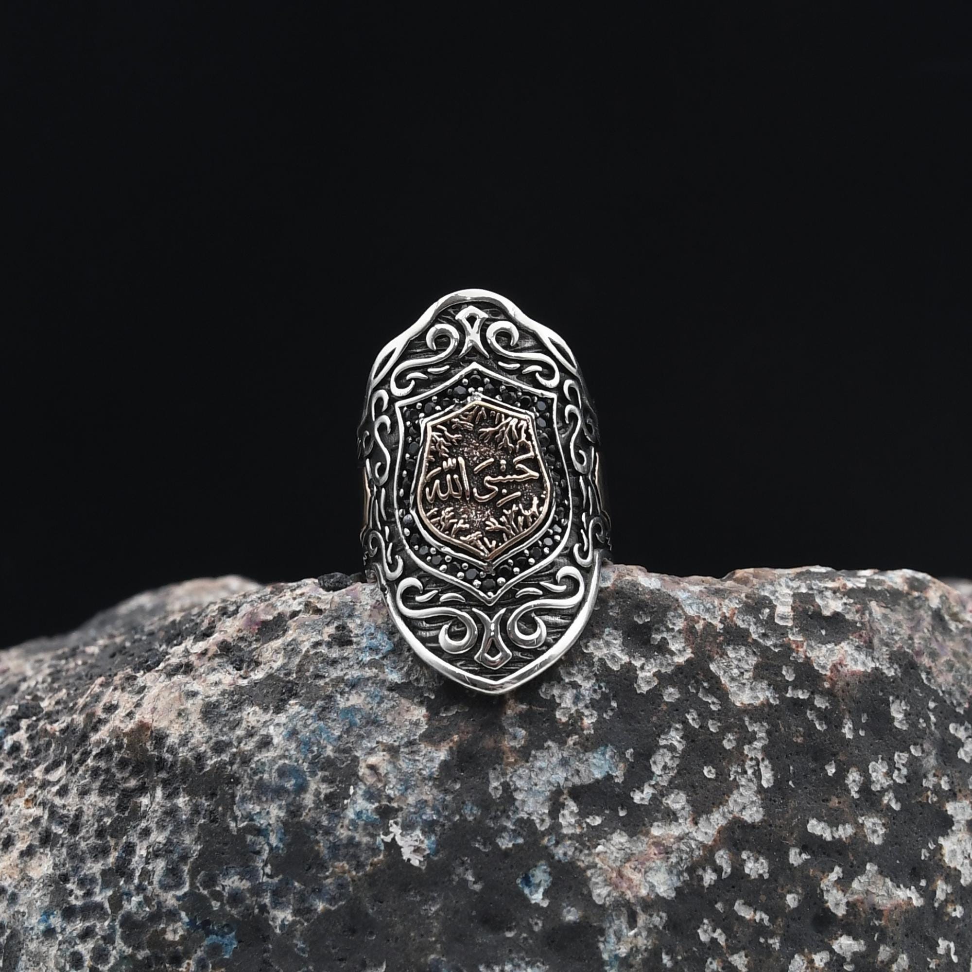 【HUMIS】Vintage Silver925 ✖️brassツーフェイスリング Hasbinallah Engraved İslamic Thumb Ring, Mens Handmade Thumb Ring