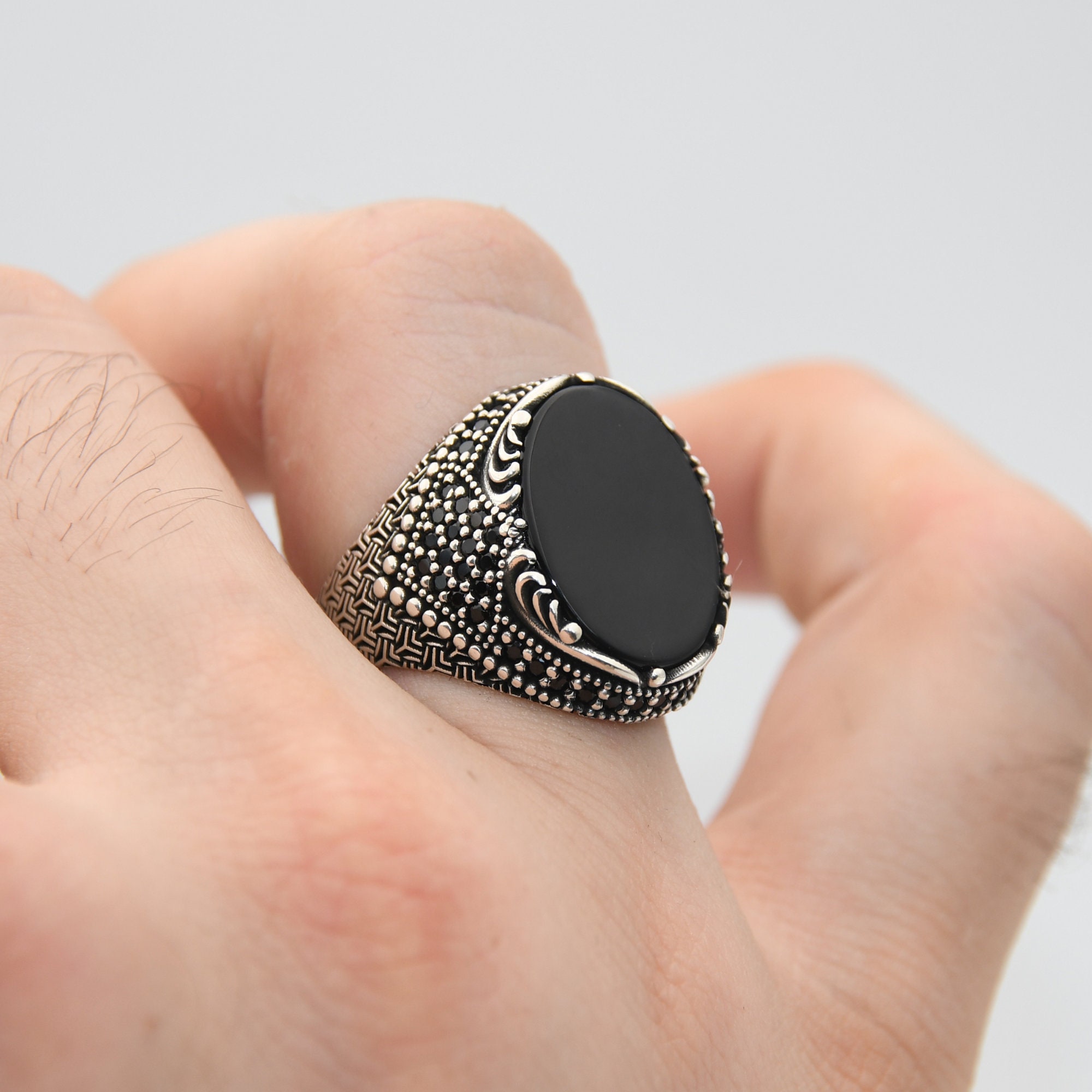 KAR Men's Sterling Silver Black Onyx Ring – 925K Solid Silver Handmade Ring With Natural Onyx Stone, K32R