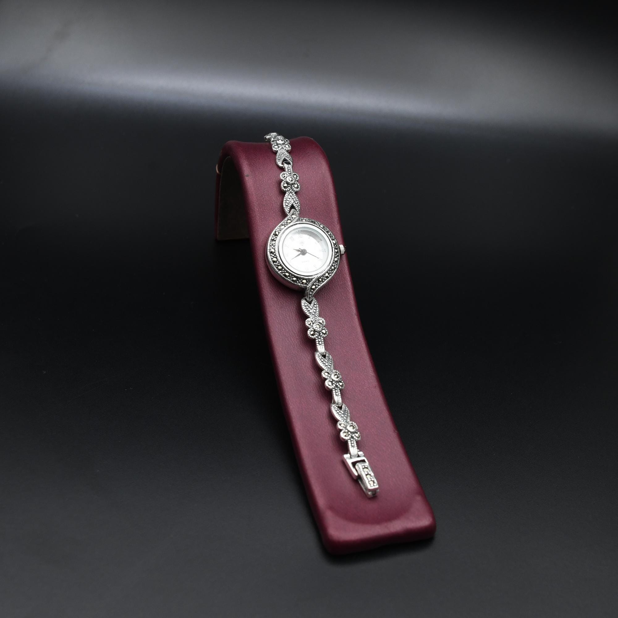 925 Sterling Silver Women Wrist Watch, Vintage Style Quartz Marcasite — free download