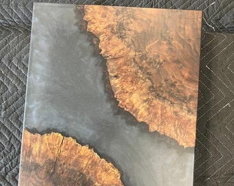 Claro Walnut Burl Serving Board: Live Edge, Smoky Grey Epoxy