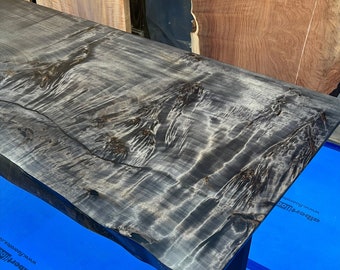Sunburst Mappa Burl Desk: Black Wishbone Legs, Hydrophobic Finish