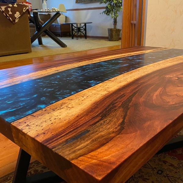 Blue blood epoxy table with monkey pod