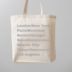 London Paris New York City Grey Canvas Tote Bag, Book Bag, Book Tote, City Name Tote Bag, Gift Tote Bag
