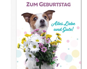 German Birthday Card - Zum Geburtstag Alles Liebe und Gute (Dog Holding Bouquet of Flowers)