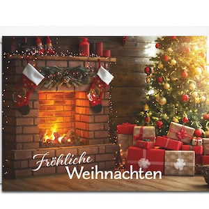 Duitse kerstkaart - Fröhliche Weihnachten (kerstboom naast een open haard)