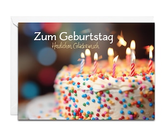 Biglietto d'auguri tedesco - Zum Geburtstag Herzlichen Glückwunsch (torta di compleanno festiva)