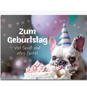 Glückwunschkarte zum Geburtstag - Zum Geburtstag viel Spaß und alles Gute! (Hund freut sich am Geburtstagskuchen)