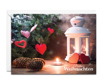 German Christmas Card - Frohe Weihnachten (Lantern with heart-shaped decorations)