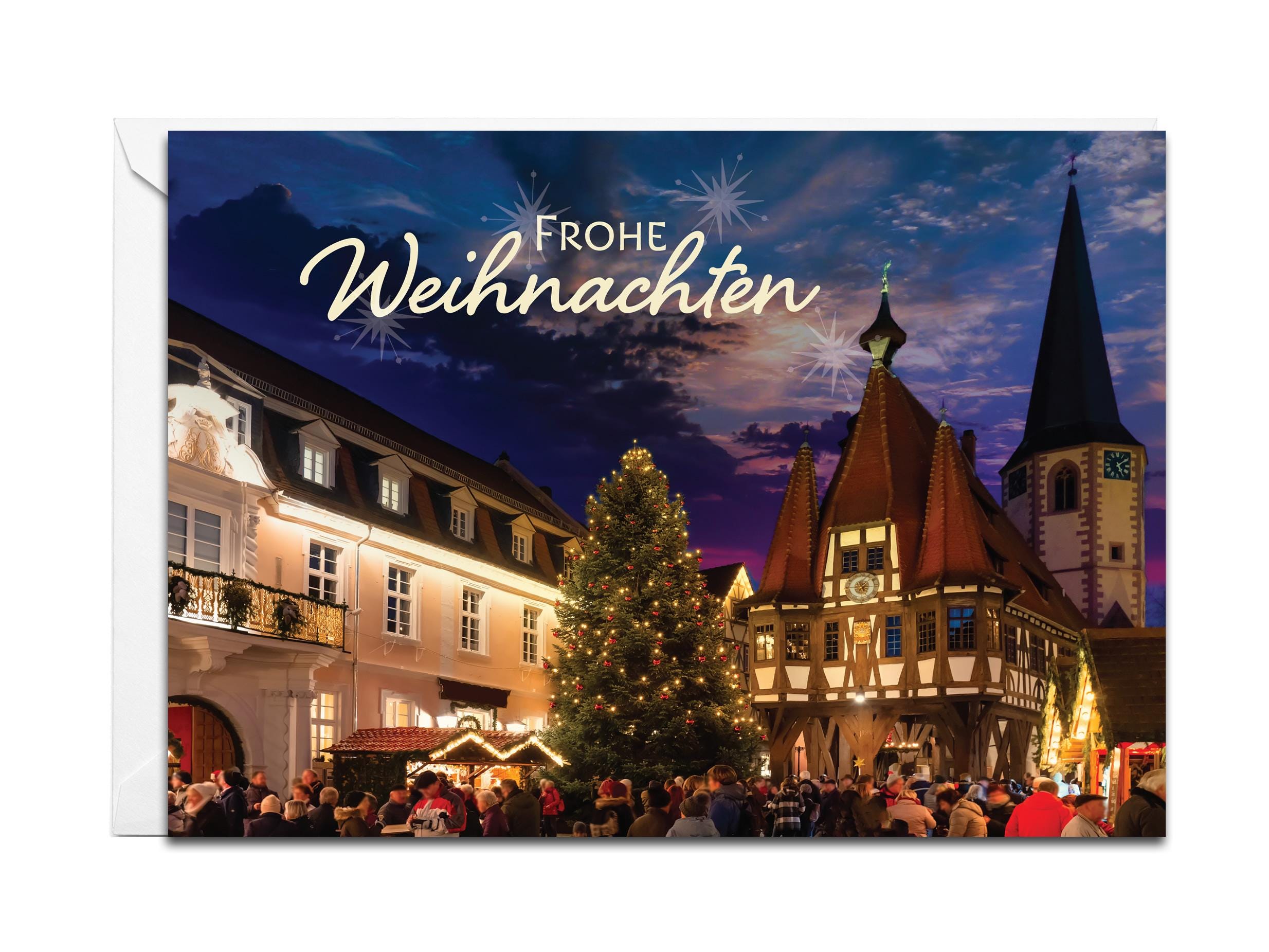 German Christmas Card - Frohe Weihnachten (Christmas Market at a German Town Square)