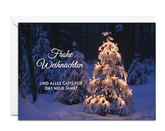 Weihnachtskarte - Frohe Weihnachten (Schneebedeckte Baum mit Lichtern)