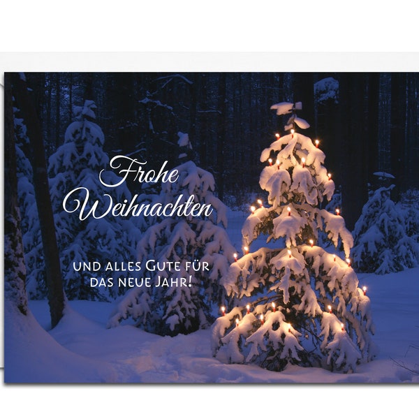 German Christmas Card - Frohe Weihnachten (Snow-Covered Tree with Lights)