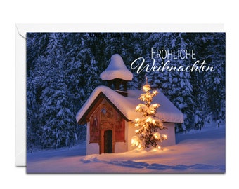 German Christmas Card - Fröhliche Weihnachten (Snow-Covered Forest Chapel with Christmas Tree)