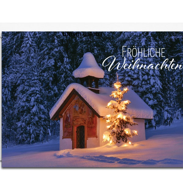 German Christmas Card - Fröhliche Weihnachten (Snow-Covered Forest Chapel with Christmas Tree)