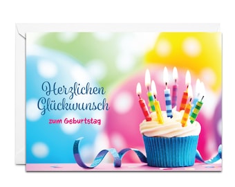 German Birthday Card - Herzlichen Glückwunsch zum Geburtstag (Cupcake with Candles)