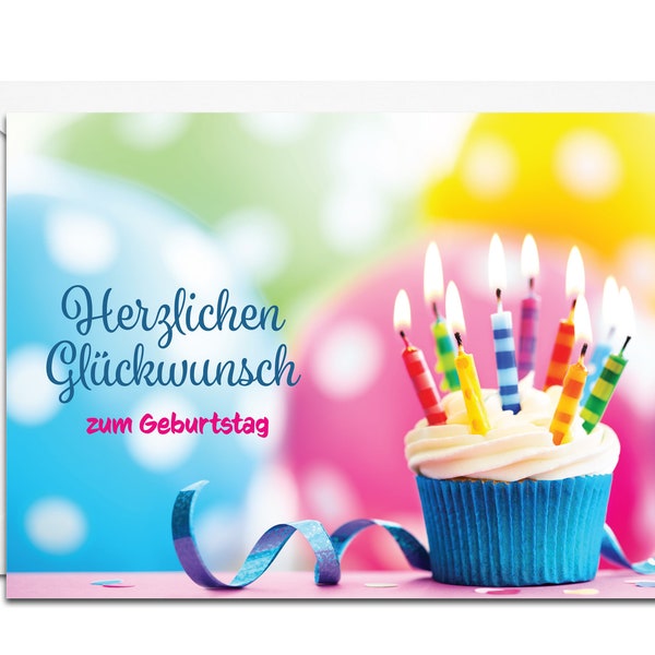 German Birthday Card - Herzlichen Glückwunsch zum Geburtstag (Cupcake with Candles)