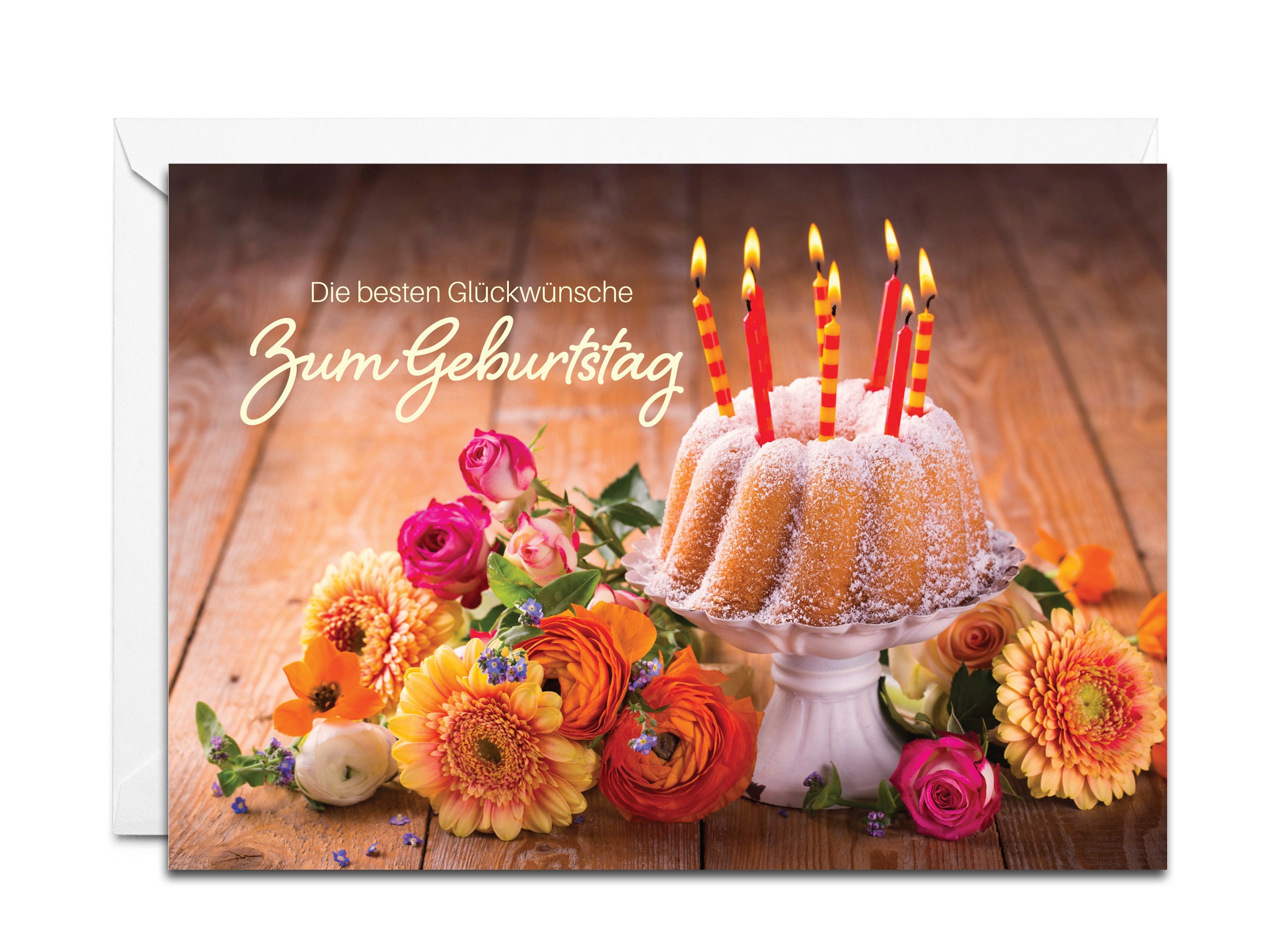 German Birthday Card - Die besten Glückwünsche zum Geburtstag (Birthday Cake with Flowers)