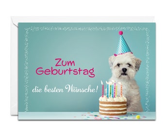German Birthday Card - Zum Geburtstag die besten Wünsche (Dog with Birthday Cake)