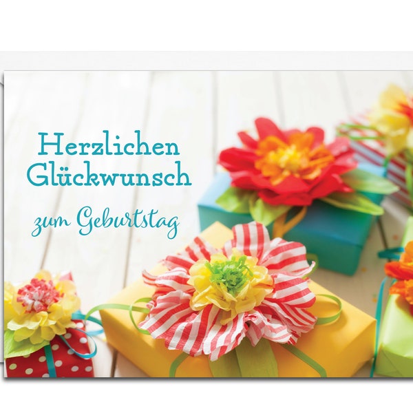 German Birthday Card - Herzlichen Glückwunsch zum Geburtstag (Colorful gifts)