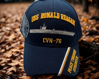 USS Ronald Reagan CVN-76 marineblauwe pet. Vliegdekschip veteraan pet. Peace Through Strength geborduurde Amerikaanse marinehoed. Veteraan cadeau. Hoed CVN-76