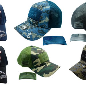 May include: Six different baseball caps with mesh back panels. The caps feature a variety of camouflage patterns, including blue, green, and black. Some caps have the words "God Bless America" and an American flag embroidered on the front, while others have the word "USA" embroidered on the front. Each cap comes with a matching American flag patch.