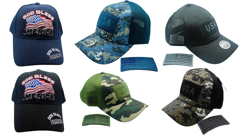 May include: Six different baseball caps with mesh back panels. The caps feature a variety of camouflage patterns, including blue, green, and black. Some caps have the words "God Bless America" and an American flag embroidered on the front, while others have the word "USA" embroidered on the front. Each cap comes with a matching American flag patch.
