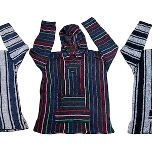 May include: Three Baja hoodies in different colors. The first is navy blue and gray striped, the second is black with colorful stripes, and the third is black and gray striped. Each has a hood and a front pocket.