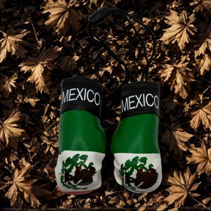 Peut inclure: Une paire de gants de boxe miniatures arborant les couleurs verte, blanche et rouge du drapeau mexicain. Chaque gant porte le mot MEXICO en blanc sur un poignet noir et affiche les armoiries du Mexique sur la partie blanche.