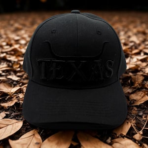 May include: A black baseball cap featuring the word "TEXAS" and a longhorn symbol embroidered on the front. The cap is displayed on a bed of brown autumn leaves.