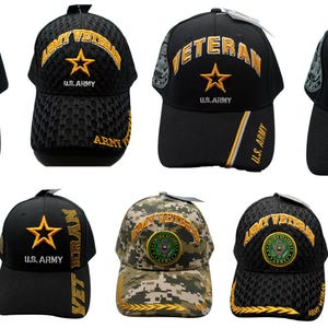 May include: A collection of nine baseball caps featuring U.S. Army and Veteran themes. The caps are displayed in various colors including black, camouflage, and olive green, with embroidered text and star or seal emblems on the front panels.