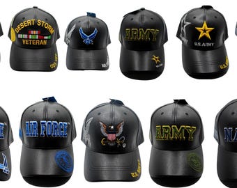 Faux Leather Military Hat. U.S. Army, Navy, Air Force, Vietnam Veteran Caps – Veteran Leather Look Baseball Hat – Adjustable Patriotic Cap