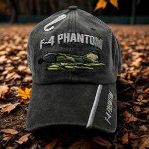 F-4 Phantom Military Hat – Washed Black Aviation Cap – Embroidered Fighter Jet – Air Force Veteran Gift.  F4 Hat. Veteran Hat. Veteran Gift