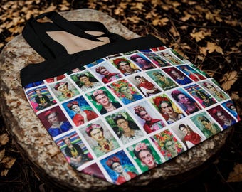 Mexican Frida Tote Bag. Artistic Shoulder Bag ,Frida Inspired Reusable Handbag, Boho Shopping Tote. Gift for Women. Frida Tote Bag