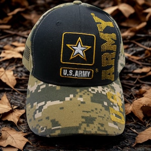 U.S. Army Hat – Black and Camo Army Cap. Army Baseball Hat. Army Hat. Veteran Army hat. Officially Licensed U.S Army Hat. Army Trucker hat