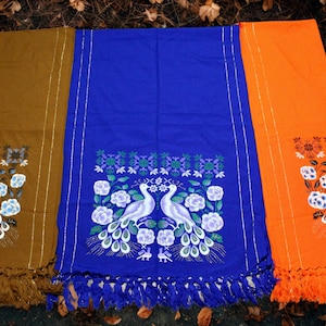 Colorful Handmade Rebozo Shawl. Peacock Floral Scarf with Fringe, Mexican Style Wrap, Fashion Scarf. Handmade Shawl. Bufanda de Pavo Real
