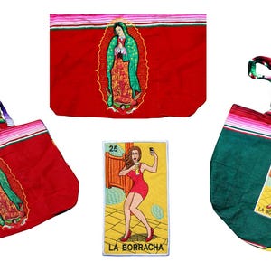 Reversible Guadalupe Sarape Tragetasche – Handgemachte mexikanische Schultertasche – One Bag. La Borracha Einkaufstasche. Jungfrau Maria gestickte Tasche.