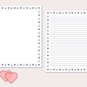 Papel Carta Náutica "Corações e Âncoras", imprimível, 8,5 x 11 pol. e A4, pautado e em branco, download imediato