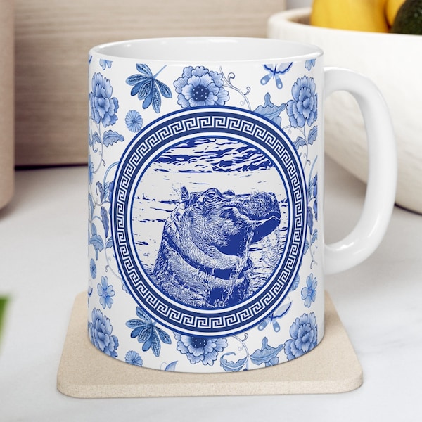 Hippopotamus Chinoiserie Style Mug 11oz - White