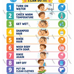 Kids Shower Routine Printable | Visual Checklist for Kids | Bathroom Routine Chart | Printable Kids Hygiene Chart | Daily Routine