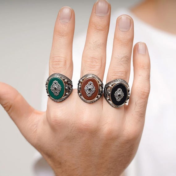 Bague pour homme en argent 925 avec détails ancre – Bague en onyx