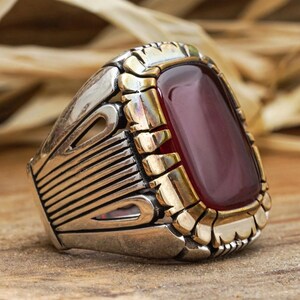 925 Silver Red Agate Ring: Handmade Gemstone Men&#39;s Jewelry