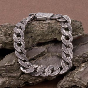 Oxidized Sterling Silver Cuban Link Bracelet: Hand-Engraved Mens Jewelry
