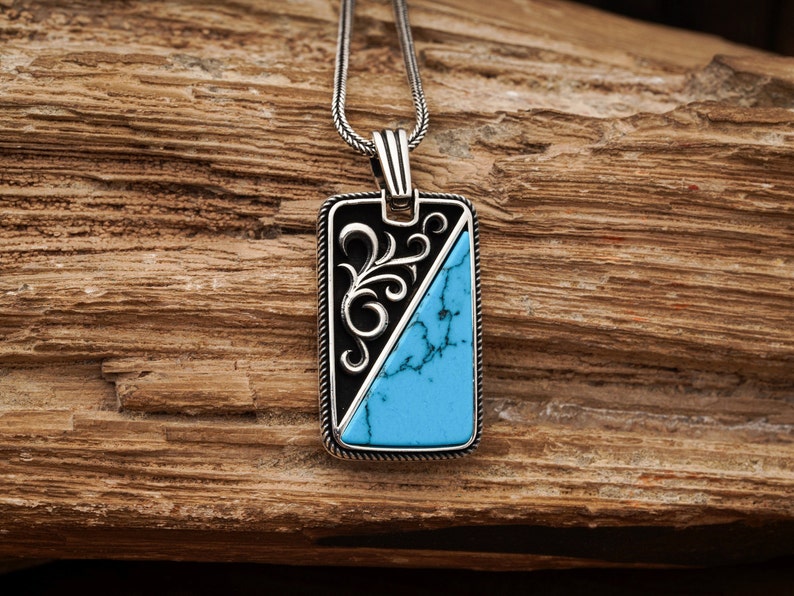 Turquoise Bar Necklace / Silver Pendant / Gemstone Silver Etsy