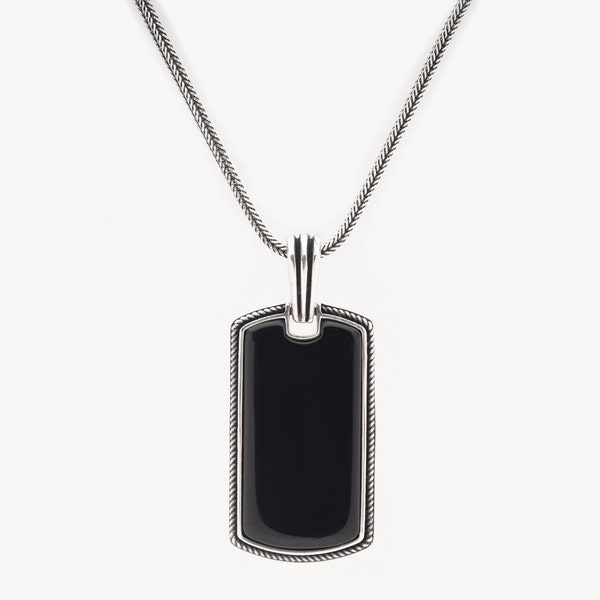 Black Onyx Pendant / Black Silver / Silver Pendant / Bar Pendant / 925K Silver / Chained Pendant / Men's Jewelry / Gift For Him