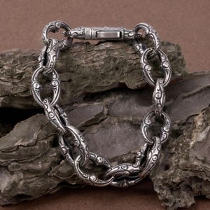 Oxidized Sterling Silver Cuban Link Bracelet: Engraved Mens Chain