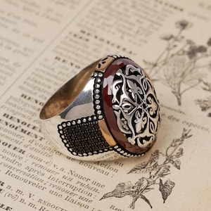 Handcrafted 925 Silver Red Agate Mens Ring: Natural Gemstone Jewelry