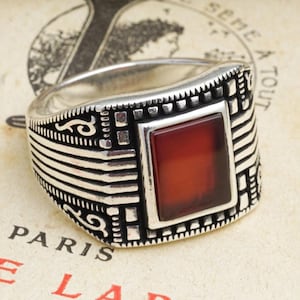 Handmade Red Agate Ring: 925 Sterling Silver Mens Jewelry